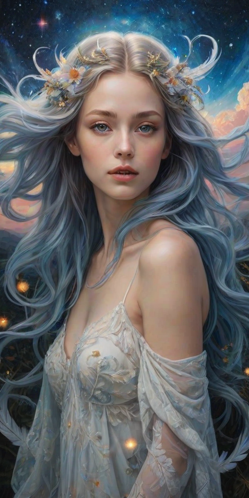Create a series of imaginative portraits where each subject is infused with elements of fantasy and nature. The hair of the individuals should flow like clouds, varying from soft, fluffy cumulus to wispy cirrus strands, with hints of color reflecting a sunset or a clear blue sky. The eyes should be windows to entire galaxies, with stars, nebulae, and distant planets visible within them. Clothing should be adorned with nature motifs, such as floral patterns that bloom and change, vines that seem to grow and wrap around, or feathers that shimmer with iridescence. Each portrait should capture a unique personality, blending human features with the ethereal beauty of the natural and cosmic world. The backgrounds can vary, from starry night skies to enchanted forests, adding depth and context to the magical realism of the portraits