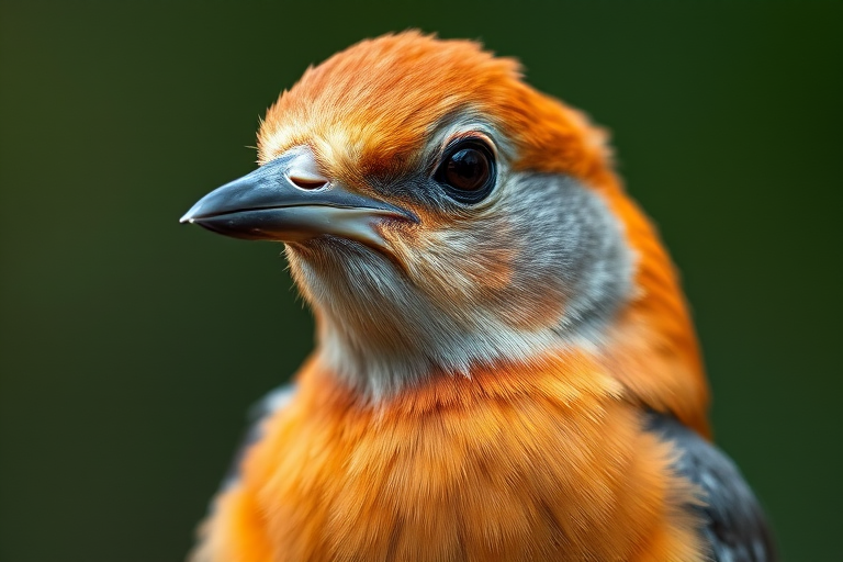 close-up portrait of a bird with vibrant orange and gray feathers, soft blurred background, natural light, 85mm lens, f/1.8 aperture, ISO 200, shallow depth of field, DSLR camera