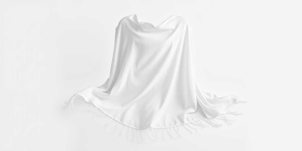 Create a high-resolution image of a flowing white poncho draped elegantly against a soft gradient background, camera settings: 50mm lens, f/1.8 aperture, ISO 100, shutter speed 1/200s, camera view: frontal perspective, camera style: soft focus, camera type: DSLR.
