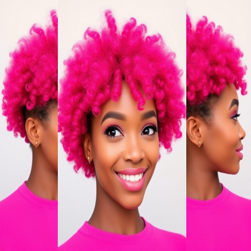 Playful Bubblegum Pink Afro styled into a perfectly round shape, showcasing voluminous coils and vibrant magenta hues for a fun and energetic look