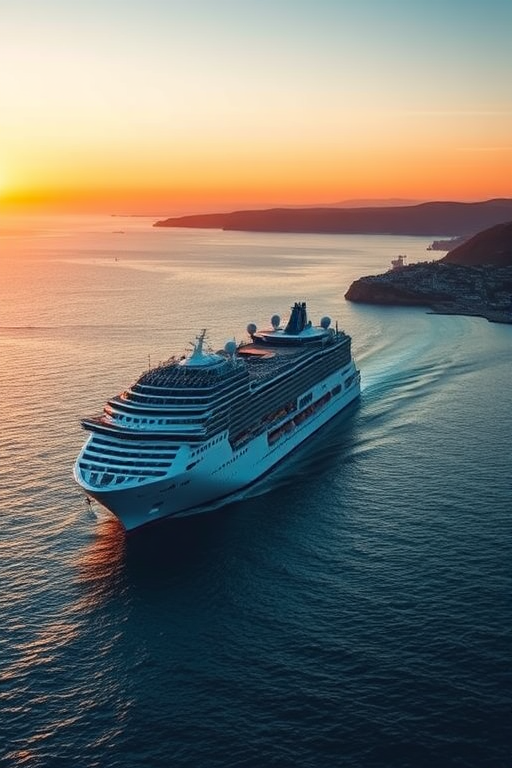 Regenerate an image of a cruise ship sailing in calm waters with a scenic coastline in the background during sunset, using a DSLR camera, 50mm lens, f/8 aperture, ISO 100, shutter speed 1/250s, shot from a high vantage point to enhance clarity and depth.