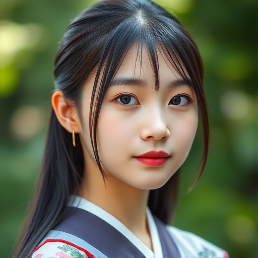 Portrait of a young woman with straight hair, wearing a traditional Japanese outfit, captured in a natural outdoor setting with soft lighting and a blurred green background.