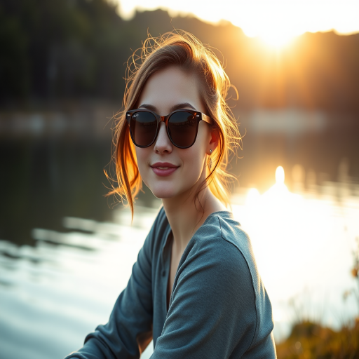 portrait of a young woman with sunglasses sitting by a serene lake in soft natural light, 50mm lens, f/1.8 aperture, ISO 200, shot at sunrise for warm tones, shallow depth of field, captured with a mirrorless camera for high resolution and clarity