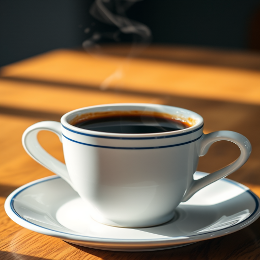 Generate a high-resolution image of a steaming cup of coffee with a white ceramic cup featuring blue stripes on a round saucer, captured in soft natural light, using a DSLR camera at f/2.8 aperture, 50mm lens, ISO 100, and a shallow depth of field for a blurred background effect.