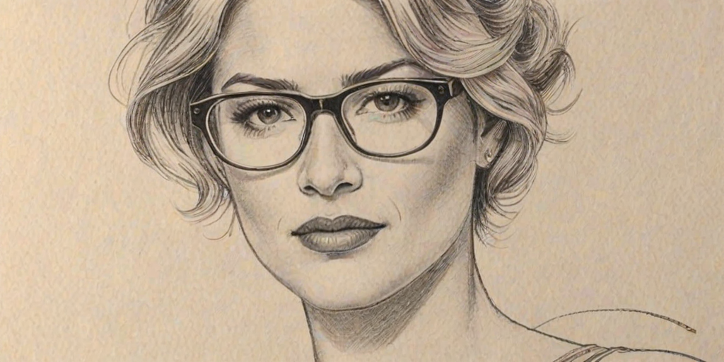 Delightful Kristy Swanson, pencil sketch, portrait of Elegant woman 1920s in glasses, hair style beatnik, outline, clear lines, fine lines, 8k