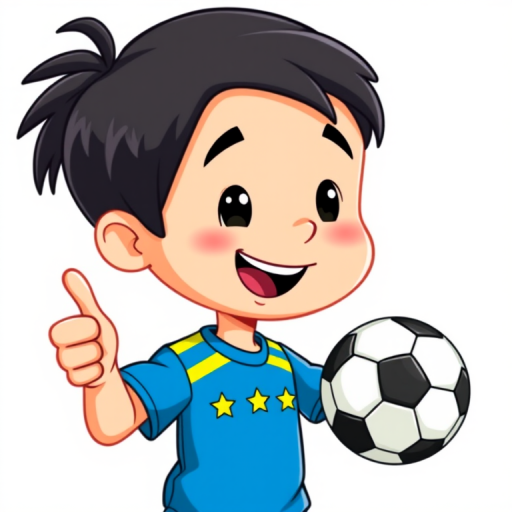 Create a colorful cartoon illustration of a young boy with dark hair and a yellow stripe, wearing a blue shirt with three stars, giving a thumbs up while holding a soccer ball, with a clean white background; use a digital drawing style, bright colors, and smooth lines; simulate a high-resolution digital camera at f/4.0 aperture, 50mm lens, and 300 DPI for enhanced image quality.