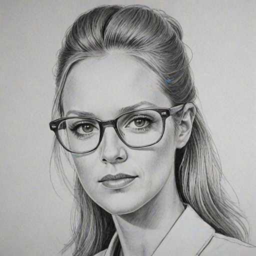 Graceful A.J. Cook, pencil sketch, portrait of Elegant woman 1973s in glasses, hair style beatnik, outline, clear lines, fine lines, 8k
