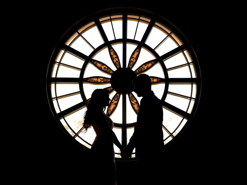 silhouette of a couple holding hands in front of a large circular window with a rustic fan design, soft natural light filtering through, low-angle shot, ISO 100, f/2.8, shutter speed 1/200s, DSLR camera, portrait mode, high dynamic range for enhanced contrast