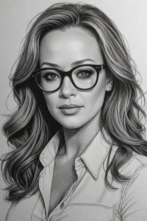 Dazzling Leah Remini, pencil sketch, portrait of Fascinating woman 1973s in glasses, hair style beatnik, outline, clear lines, fine lines, 8k