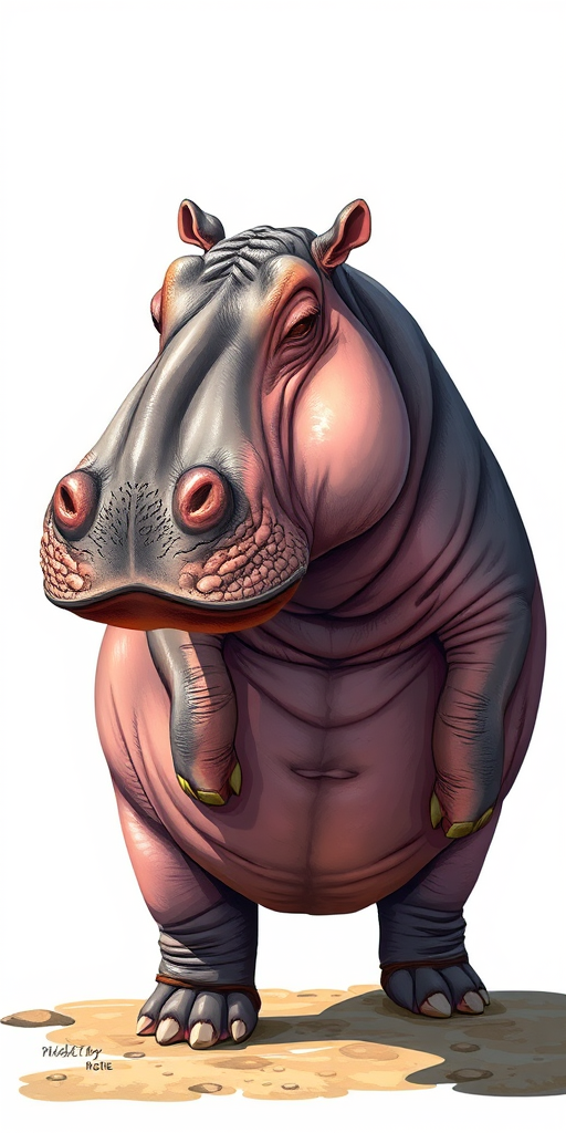 Create a highly detailed illustration of a hippo standing sideways, using a DSLR camera, 35mm lens, f/8 aperture, 1/250s shutter speed, natural lighting, with a focus on texture and shadows for realism.