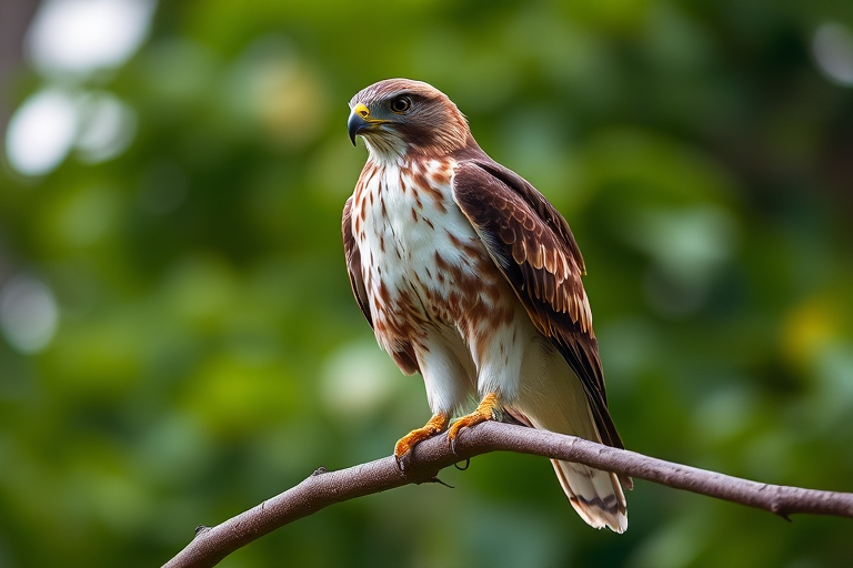 Capture a high-resolution image of a hawk perched on a branch with a blurred green background, using a DSLR camera at 85mm, aperture f/2.8, ISO 200, and a shutter speed of 1/500s for clarity and depth of field.
