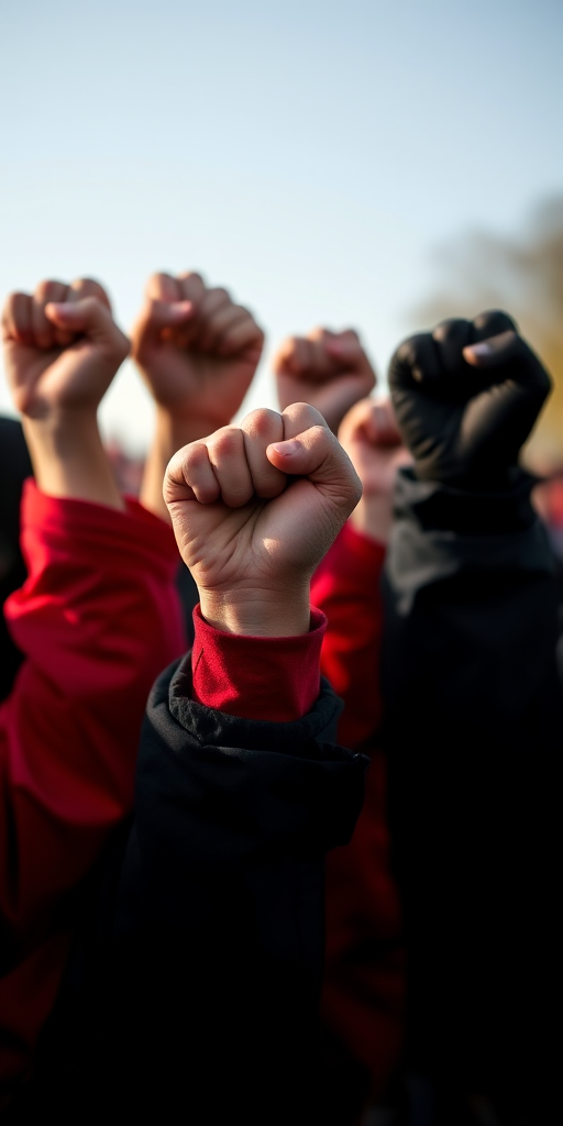 Create an image of raised fists, some in red and some in black, symbolizing solidarity and resistance, captured with a DSLR camera at f/2.8 aperture, ISO 100, 50mm lens, shot from a low angle with a shallow depth of field to emphasize the fists and blur the background.