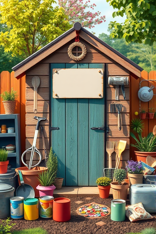 Create a high-resolution digital illustration of a colorful garden shed scene featuring a wooden shed with a blank sign, surrounded by various gardening tools, paint cans, and decorations, captured with a DSLR camera at f/2.8 aperture, ISO 100, 50mm lens, in a vibrant and well-lit setting, with a shallow depth of field for enhanced detail.