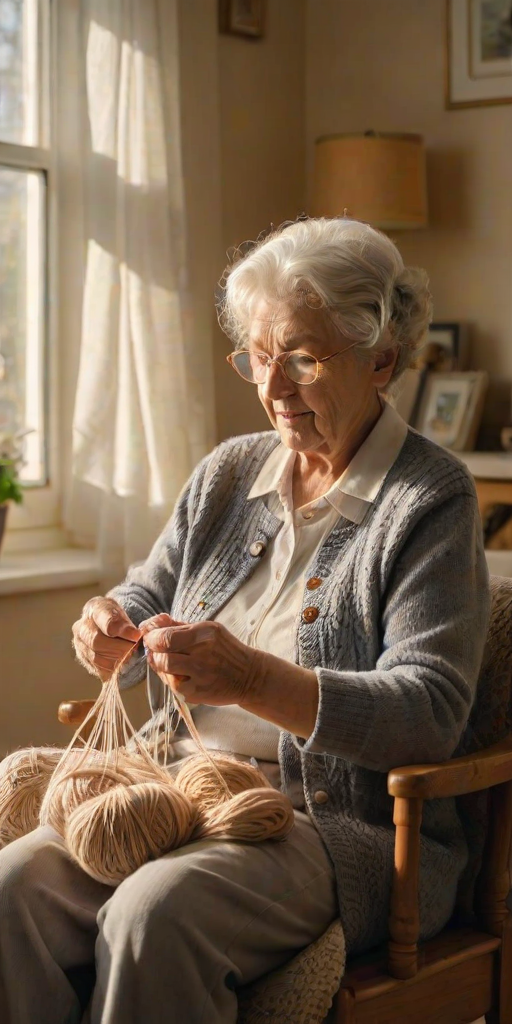 Warmly lit image of an elderly woman knitting in a sunlit room, soft glow from a nearby lamp illuminating the yarn and needles, with a feeling of quiet contentment.