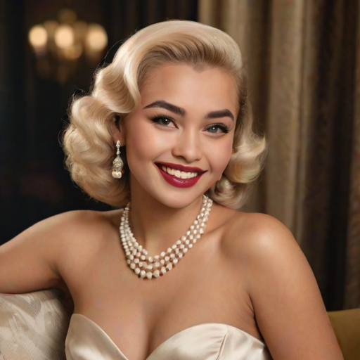 A beautiful Tahitian woman reminiscent of 1950s Hollywood glamour, with perfectly styled blonde hair and a seductive smile, dressed in a satin blouse and adorned with pearls, soft and warm tones, photorealistic, 8K