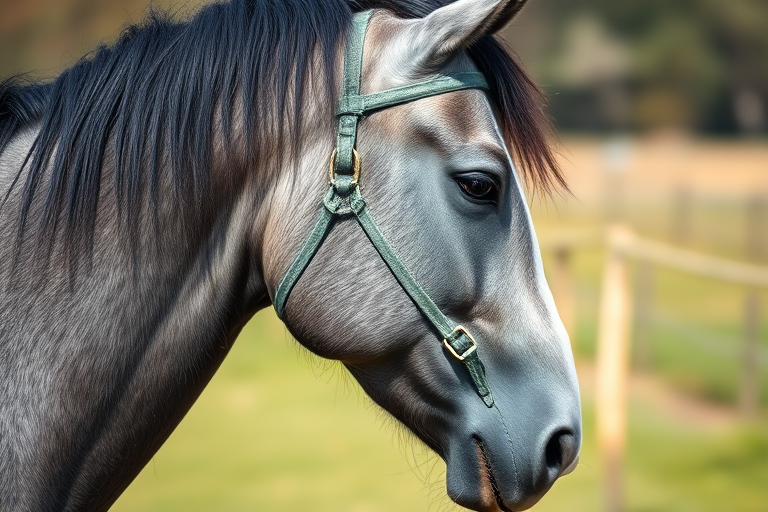 capture a close-up of a gray horse in profile with a shallow depth of field, using a DSLR camera with a 50mm lens, aperture set to f/1.8, ISO 200, under natural lighting, with a soft focus background to enhance the horse's details