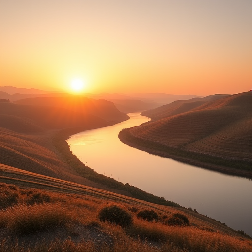 Create a high-resolution image of a serene landscape featuring rolling hills and a calm river at sunrise, captured with a Canon EOS R5 using a 24-70mm f/2.8 lens, aperture set to f/8, shutter speed at 1/125s, ISO 100, with a wide-angle view to enhance depth and clarity.