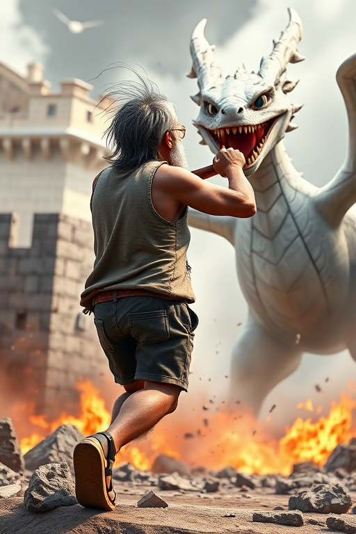 Cartoon 3D High-Resolution,dynamic battle scene using Unreal Engine 5 and Octane Render. The scene features back of an elderly, thai man with a beard,messy hair and round golden-rimmed glasses. He is wearing a tattered tank top with soot marks, shorts, and sandals. sweating. he wields a baseball bat. He jump to fight with a white fire-breathing Europe dragon amidst a partially destroyed stone castle. Include intense flames, smoke, and debris to enhance the dramatic effect.