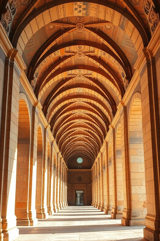 regenerate the image of a grand archway corridor with intricate architectural details, soft natural light illuminating the warm tones of the stone walls and ceiling, captured with a DSLR camera at f/8 aperture, ISO 100, 24mm lens, in landscape orientation for sharp depth of field and vibrant color contrast.