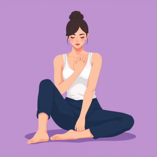 Create a digital illustration of a woman sitting on the floor with her knees to her chest, wearing a white tank top and dark blue pants, with a simple purple background, using a high-resolution digital art style, in a clean and minimalistic design, with soft lighting and a focus on color harmony, emulating a modern flat design aesthetic.