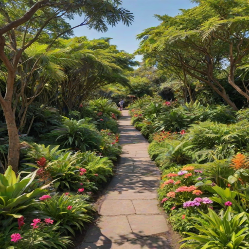 Lush botanical garden, filled with vibrant flowers and exotic plants, a winding pathway leading through, with visitors taking photographs and a gentle breeze rustling the leaves overhead.