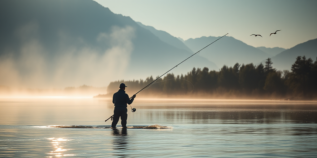 Sharp, high-resolution photo of a fisherman casting a line into a river at dawn, soft mist rising from the water, sunlight glinting off the surface, distant mountains and trees reflected in the water, the sound of birds chirping and the gentle splash of water filling the air.
