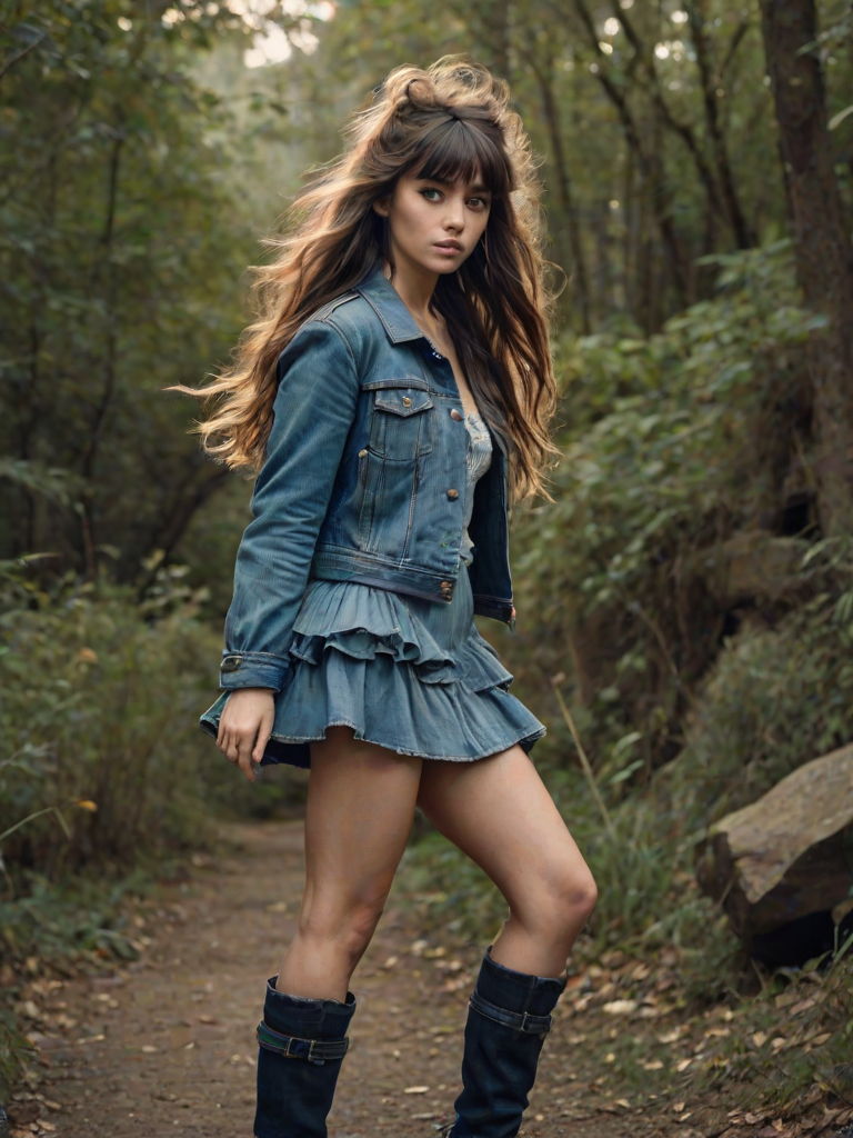 hair light,Canon EF,High quality lots of details Magic Realism,elusive Land of Shadows,long shot,dressed in a playful ruffled mini dress with a denim jacket and ankle boots,streaked hair,Long hair with bangs,a warrior woman