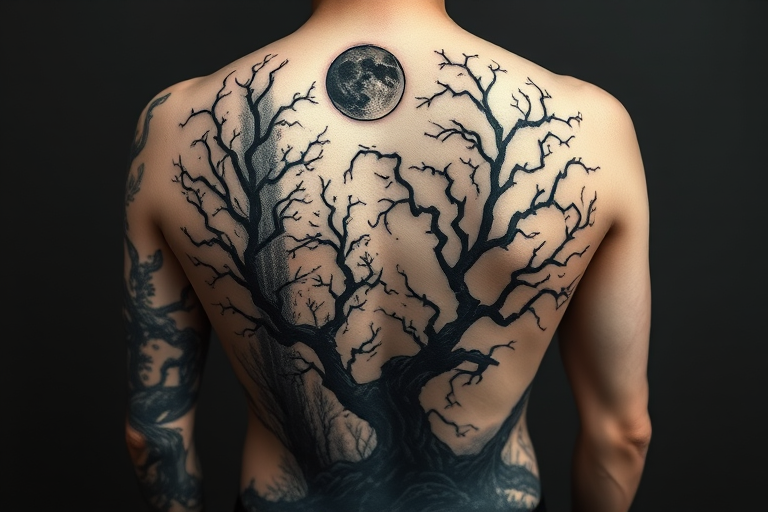 Ethereal blackwork tattoo adorning the entire back depicting a haunting forest scene with twisted trees and a crescent moon silhouetted against a starry night sky bold contrasts and fine details