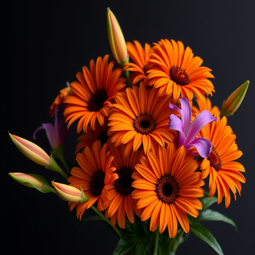 Create a vibrant arrangement of orange flowers including daisies and tropical blooms, set against a dark background, using a DSLR camera with an aperture of f/2.8, ISO 100, and a shutter speed of 1/200s, captured from a close-up angle with soft natural lighting to enhance color richness and depth.