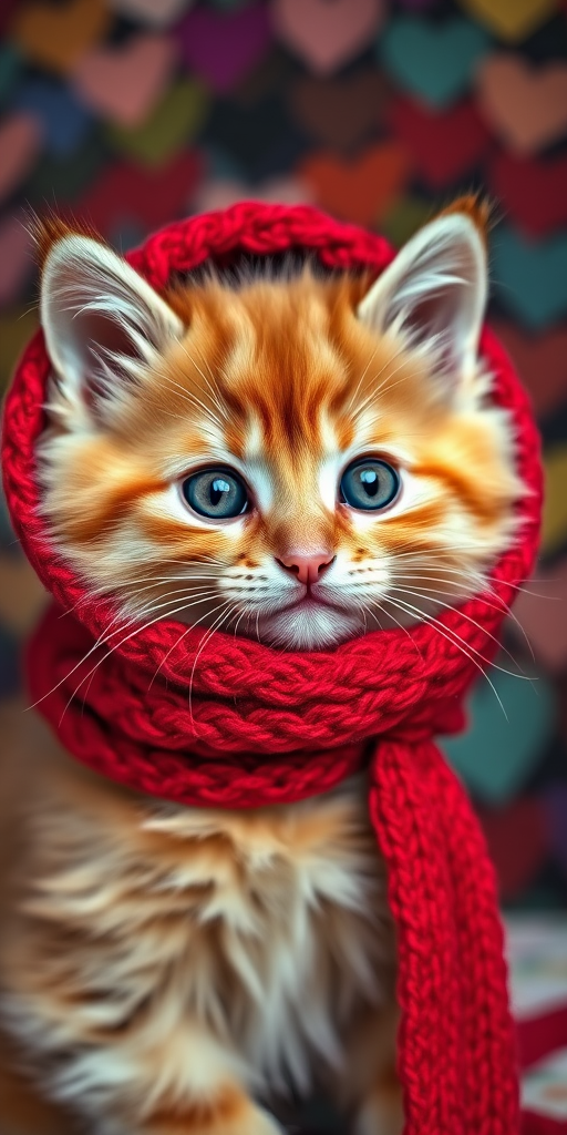 A close-up portrait of a fluffy orange tabby kitten wearing a cozy red knitted hood and scarf, set against a soft bokeh background filled with colorful hearts; shot with a DSLR camera, 85mm lens, f/1.8 aperture, ISO 100, in natural lighting for vibrant colors and sharp detail.