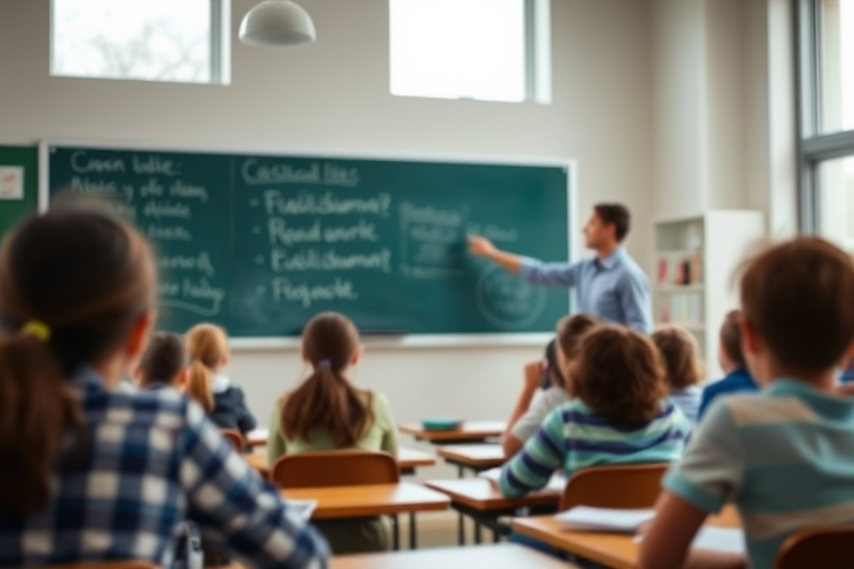 classroom scene with a teacher pointing at a chalkboard, students engaged and attentive, natural light streaming through windows, shot with a DSLR camera at f/1.8, ISO 200, 50mm lens, wide-angle view for depth and clarity, smooth bokeh background for focus on the teacher and students