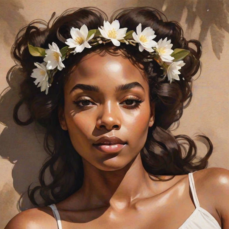 create a watercolor painting of an ethereal portrait of beautiful African American woman with a simple white flower crown on her head. Her hair is long and she is lying on the ground. The sunlight on the trees casts shadows from the leaves on her face and body. The background is a neutral brown color that matches her skin tone. The image is minimalist and solid colors. This style is characterized by soft, delicate brushstrokes and a light, airy, contrasting color palette. High level of detail and play of light