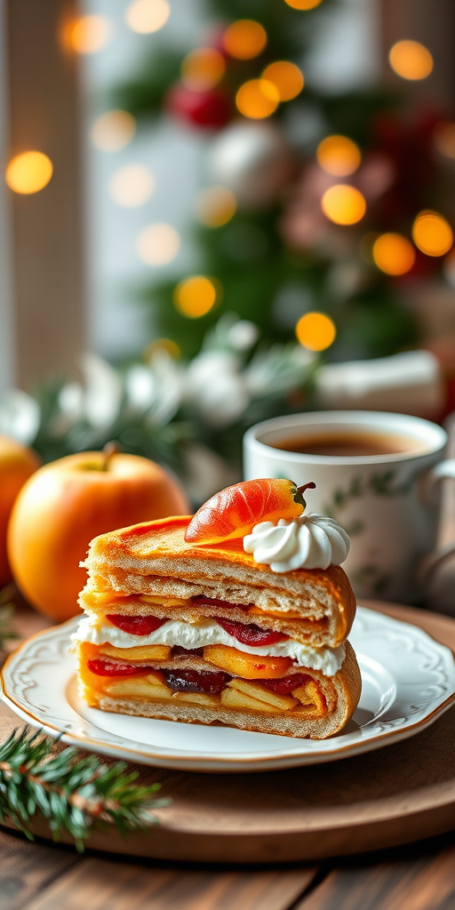 A beautifully arranged slice of layered pastry dessert with colorful fruit filling and cream, placed on a delicate plate, with fresh apples and a steaming cup of coffee beside it, set against a softly blurred festive background with warm lights, captured with a DSLR camera, 50mm lens, f/1.8, ISO 100, 1/200 sec, natural light for enhanced details and rich colors.