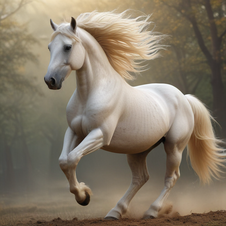 A Majestic White Horse Galloping Gracefully Through a Misty Forest ...