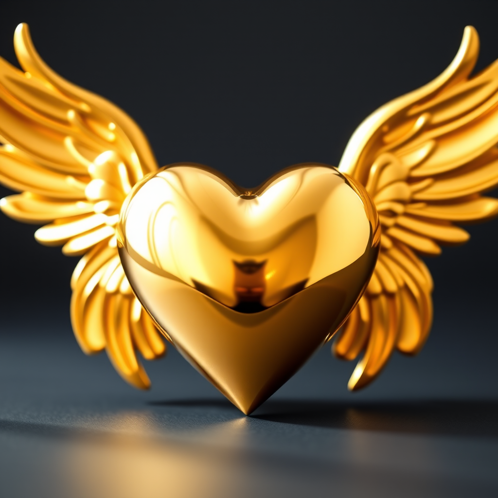 Create a high-resolution image of a shiny golden heart with elegant wings extending from each side, using a 50mm lens, f/1.8 aperture, ISO 100, under soft natural lighting, in a 3-point lighting setup to enhance reflections and depth, capturing the heart from a slightly angled front view.