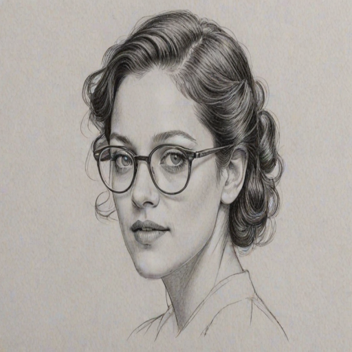 Dazzling Marion Cotillard, pencil sketch, portrait of Comely woman 1943s in glasses, hair style beatnik, outline, clear lines, fine lines, 8k
