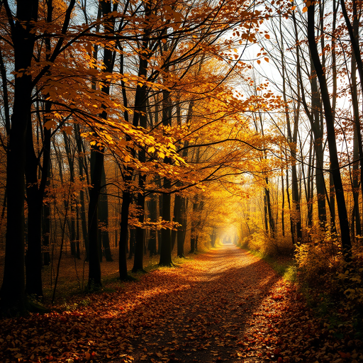 A serene autumn forest scene with golden leaves falling gently from trees illuminated by soft sunlight creating a warm and peaceful atmosphere with a winding path covered in fallen leaves