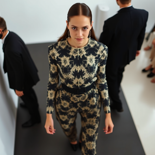 Capture the model from a high angle, emphasizing the outfit’s pattern and silhouette. Use a 35mm prime lens to maintain sharpness and minimize distortion