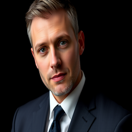 portrait of a man in a suit against a black background, soft lighting, 85mm lens, f/1.8 aperture, ISO 100, shallow depth of field, Nikon D850 camera, focused on facial features, professional and polished appearance