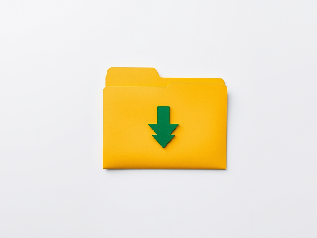 Create a high-resolution image of a yellow folder with a green downward arrow, using a Canon EOS R5, aperture f/2.8, shutter speed 1/125s, ISO 100, top-down view, with soft lighting and a clean background.