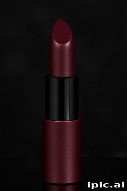 Deep burgundy matte lipstick called "Midnight Velvet," boasting a rich, velvety texture and long-lasting formula for elegant evening wear