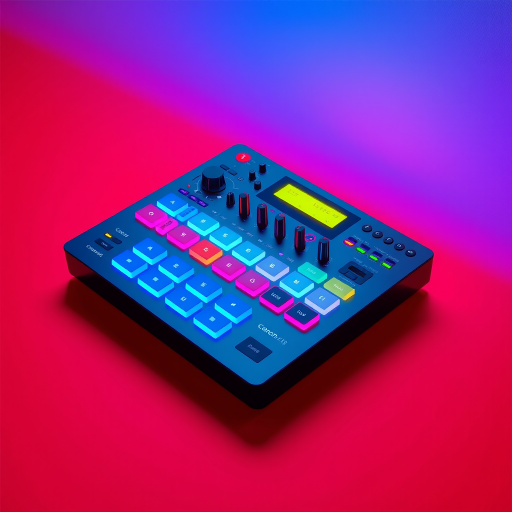create a 3D illustration of an electronic music controller with vibrant colors on a flat red background, using a Canon EOS R5 camera with a 50mm f/1.8 lens, shoot at ISO 100, aperture f/8, and 1/125 sec shutter speed for enhanced clarity and detail in a studio lighting setup.