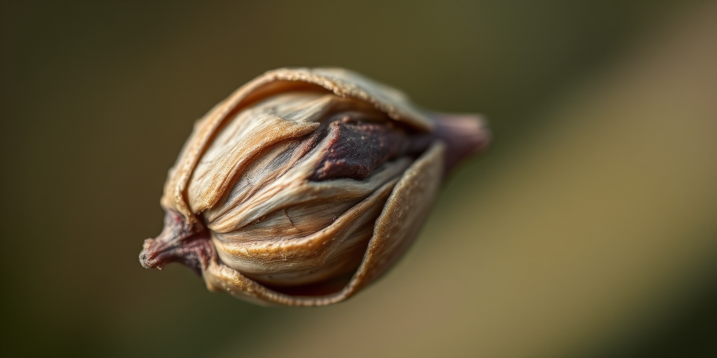 macro shot of a dried seed pod with intricate details and textures, shallow depth of field, 50mm lens, f/2.8 aperture, ISO 100, soft natural lighting, capture in RAW format