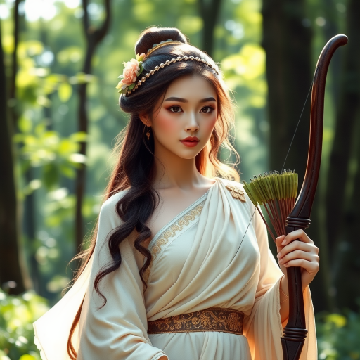 Create a portrait of a goddess-like Chinese girl figure in a tranquil, forested environment. She has an elegant appearance with long, wavy hair styled in an updo and adorned with a delicate, floral headband. She wears a flowing, ancient Greek-inspired gown in a soft, pale color, featuring a one-shoulder design and draped fabric that accentuates her graceful form. The outfit includes a decorative belt with ornate gold detailing, and she holds a bow in her hand, with a quiver of arrows slung over her shoulder. The background depicts lush greenery, with sunlight filtering through the trees, casting a gentle, ethereal light on the scene. Her expression is calm and contemplative, embodying a sense of wisdom and serenity.