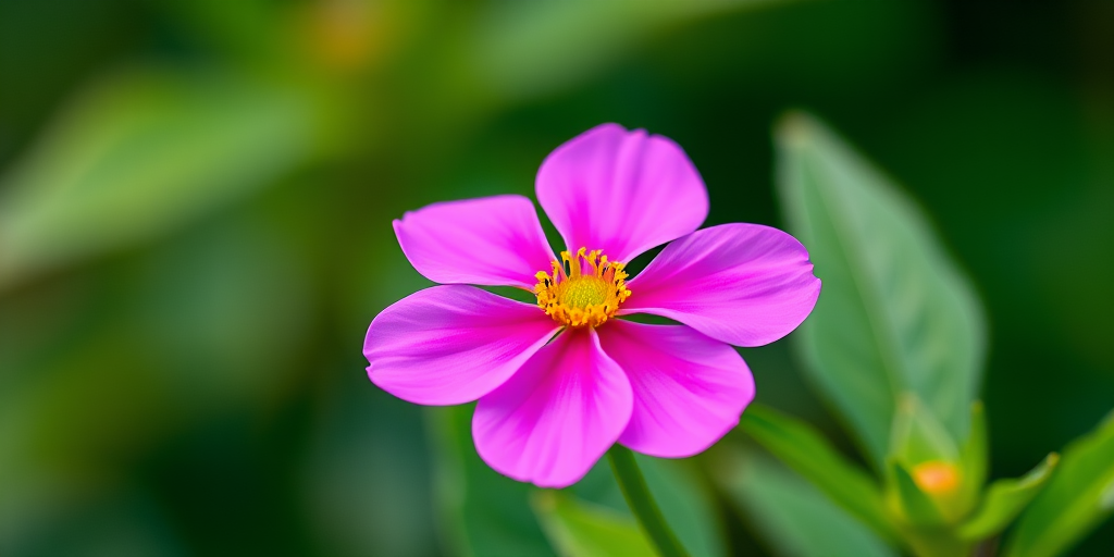 Create a high-resolution vector image of a pink flower with five petals and a yellow center, featuring a green stem and leaves, using a digital art style, with a camera view set to macro, aperture set to f/2.8 for a shallow depth of field, and a focus on vibrant colors and smooth gradients.