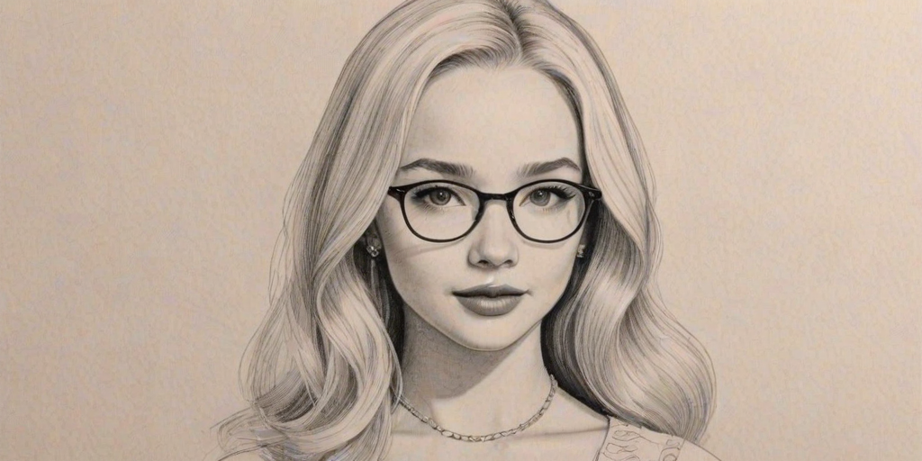 Splendid Dove Cameron, pencil sketch, portrait of Elegant woman 1963s in glasses, hair style beatnik, outline, clear lines, fine lines, 8k