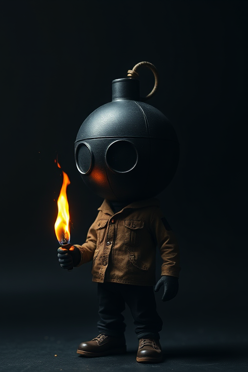 Create an image of a character with a bomb for a head, holding a lit fuse, in a minimalistic style with a dark background, using a DSLR camera, f/2.8 aperture, 50mm lens, ISO 200, and natural lighting for enhanced clarity and detail.