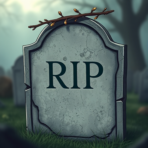 Create a detailed illustration of a gravestone with the inscription "RIP", featuring cracked edges and a branch on top, captured with a Canon EOS R5, 50mm lens, f/2.8 aperture, ISO 200, with a shallow depth of field and soft lighting for a moody effect.
