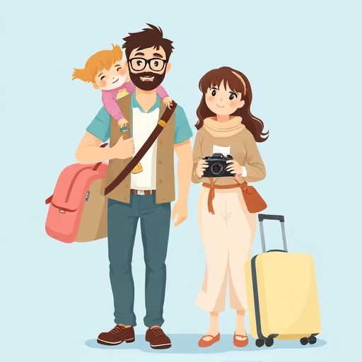 Create an illustration of a family traveling, featuring a dad with glasses and a child on his shoulders, a mom holding a camera, and two suitcases in pastel colors, set against a soft blue background, captured with a DSLR camera, 50mm lens, f/2.8 aperture, 1/200 sec shutter speed, natural light.