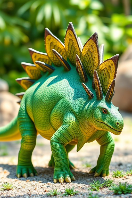 Create a high-resolution illustration of a stylized stegosaurus with vibrant green scales and a detailed spiked back, captured with a Canon EOS R5, 50mm lens, f/2.8 aperture, ISO 100, natural daylight, and a slight depth of field to enhance detail.